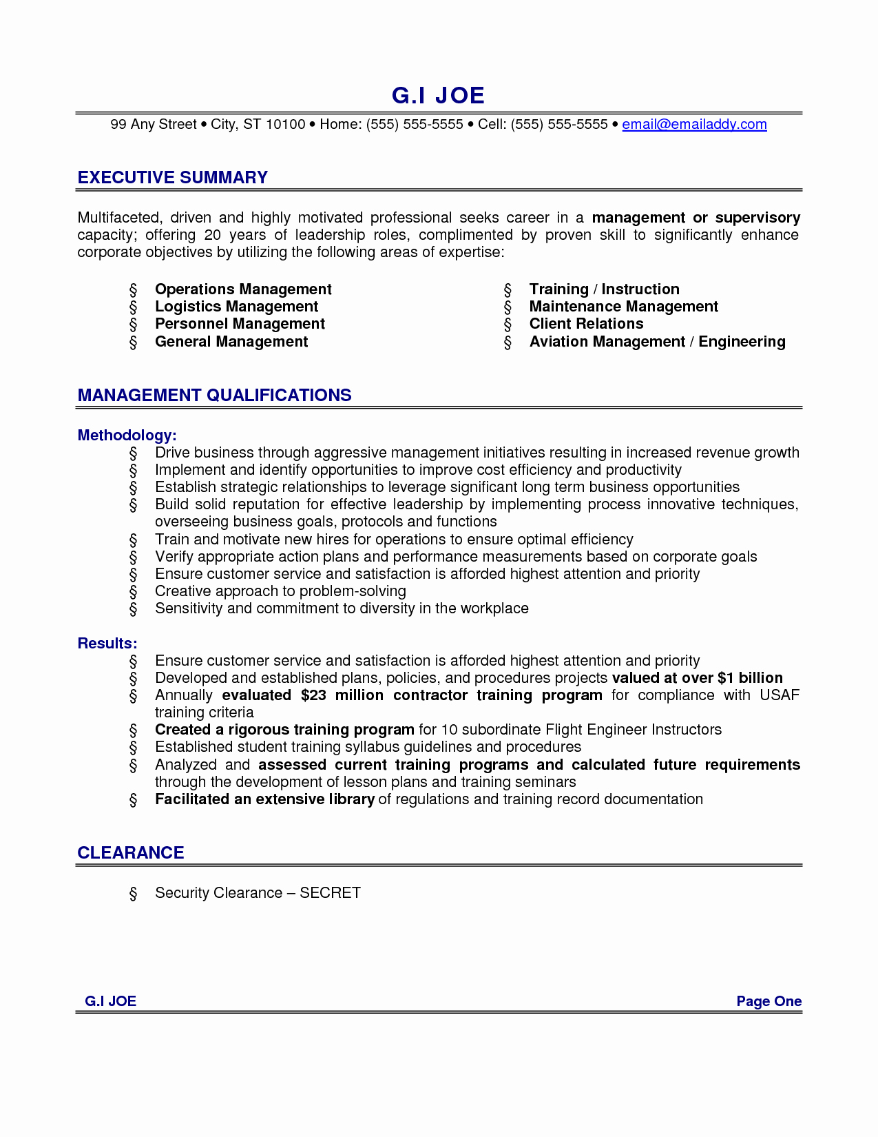 Resume Examples for Executive Summary with Management