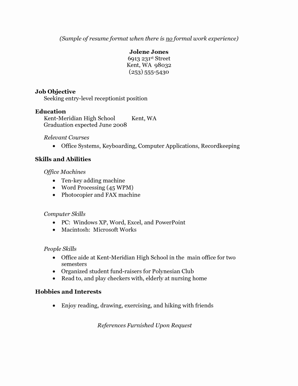 Resume Examples for Highschool Students No Work Experience