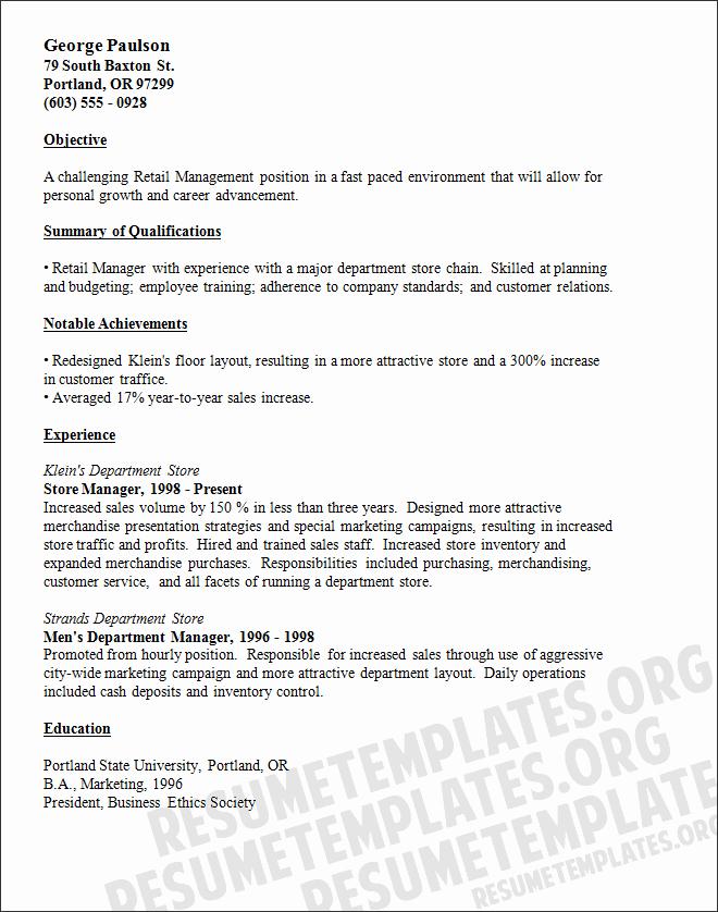 Resume Examples for Retail Store Manager