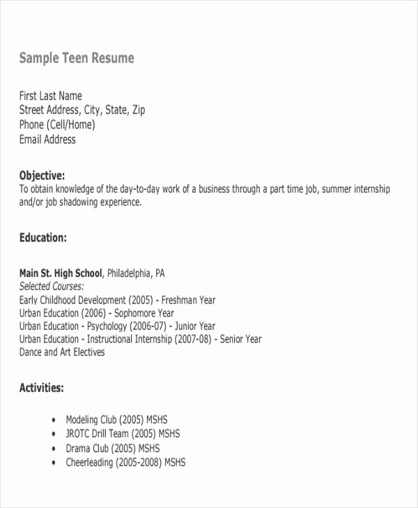 Resume Examples for Teenagers First Job 14 First Resume