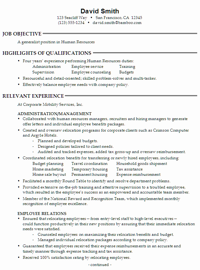 Resume for A Generalist In Human Resources Susan Ireland