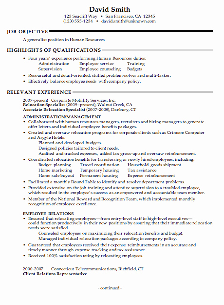 Resume for A Human Resources Generalist Susan Ireland