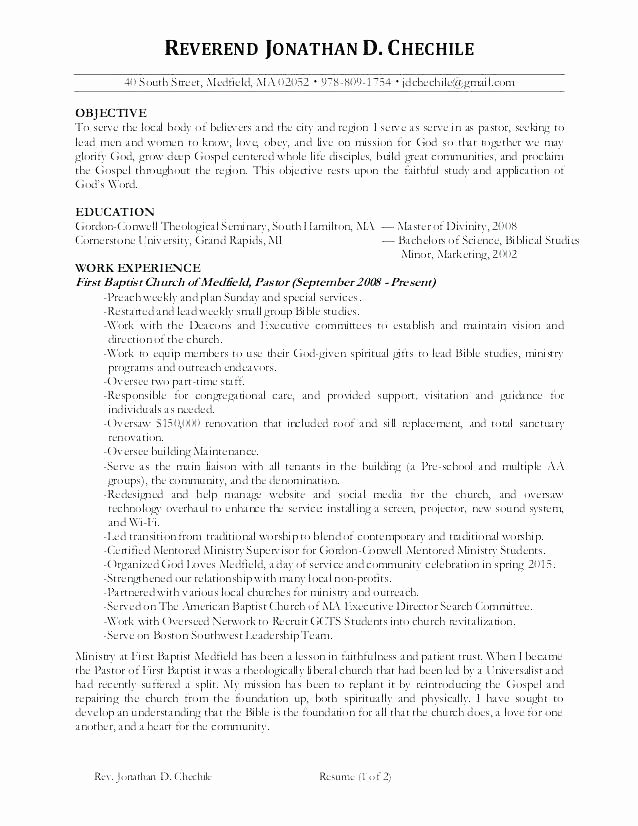 resume for a pastor