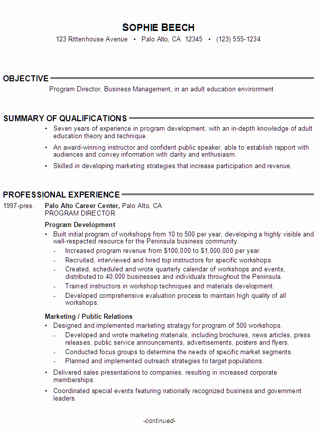 Resume for A Program Director Adult Education Susan