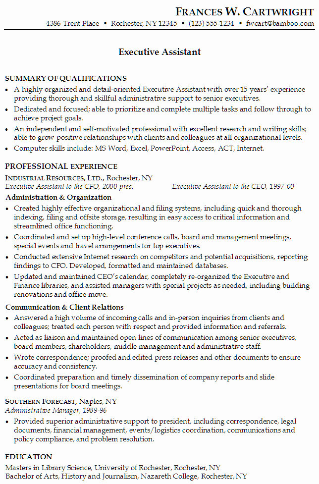 Resume for An Executive assistant Susan Ireland Resumes