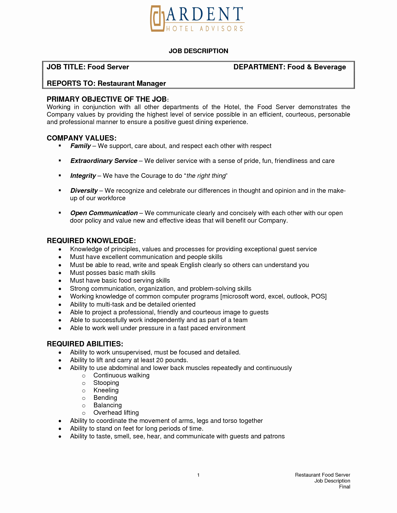 Resume for Banquet Server Catering Job Description