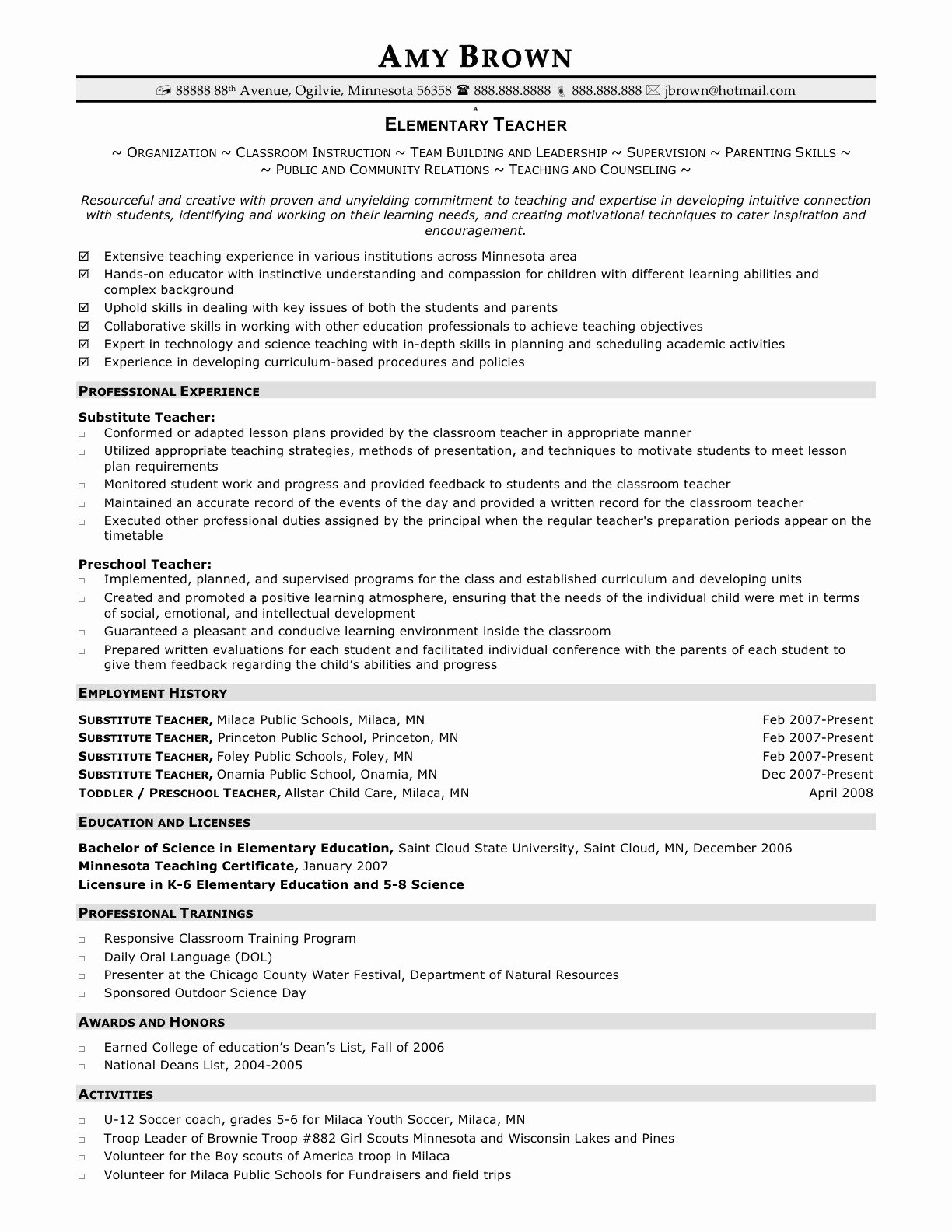 Resume for Elementary Teachers Teacher Resume Examples