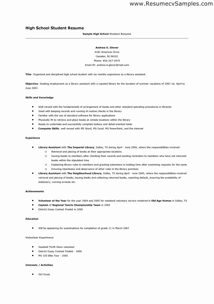 Resume for High School Student First Job Best Resume