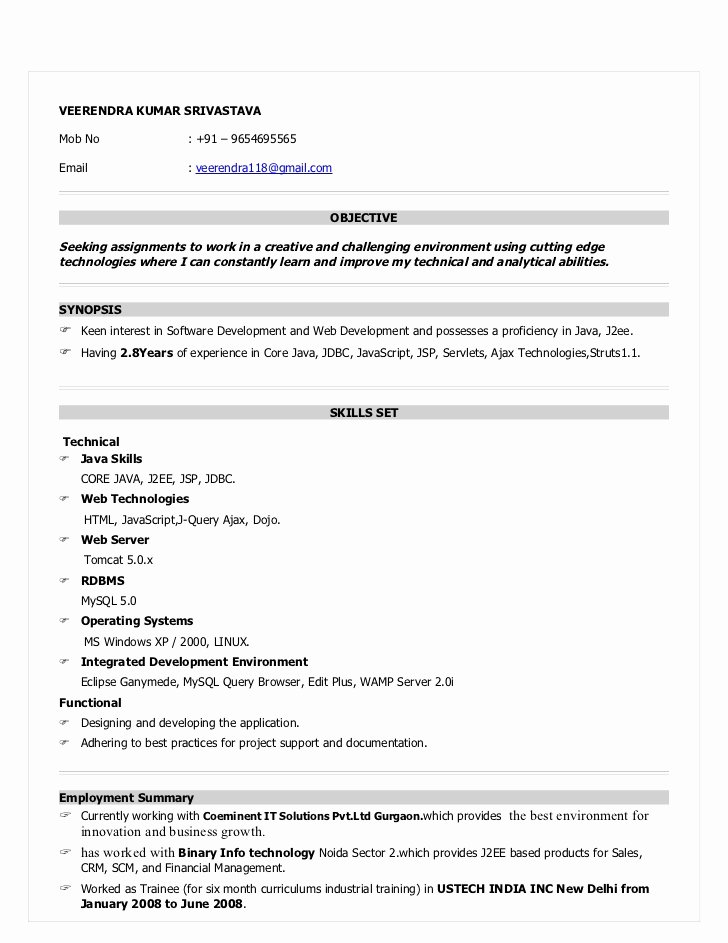 Resume for Java Devloper