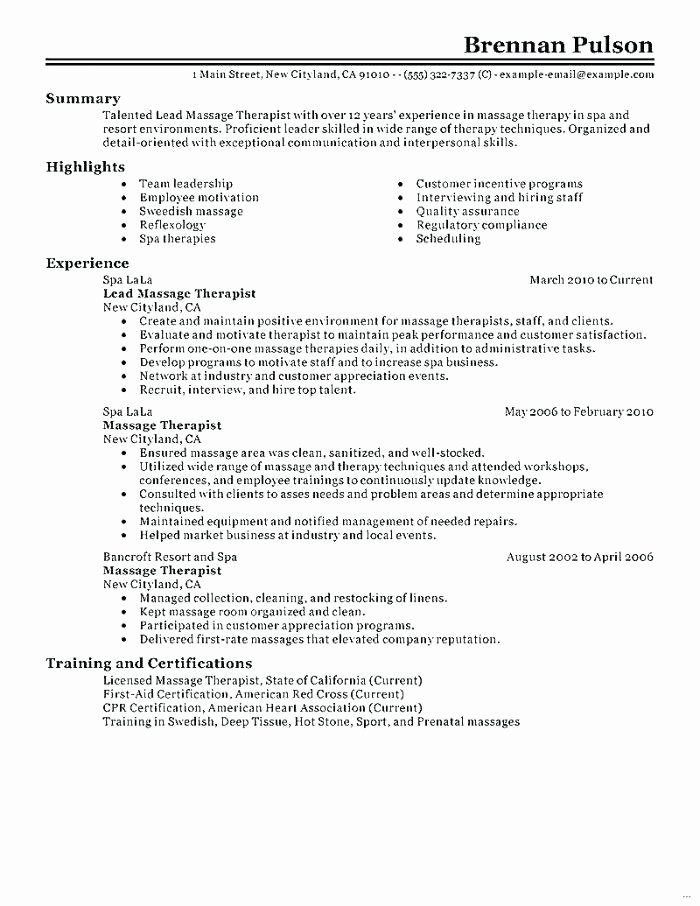 Resume for Massage therapist Staruptalent