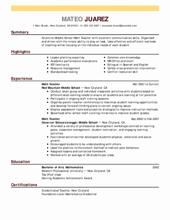 Resume for Maths Teacher Cover Letter College Math