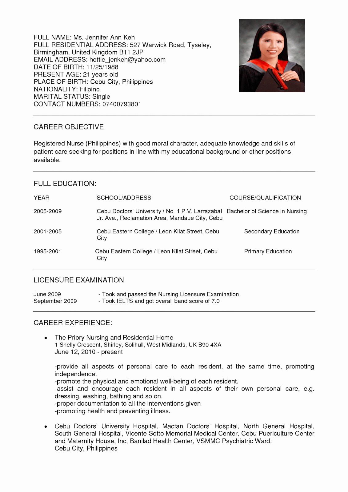 Resume for Nurses Sample