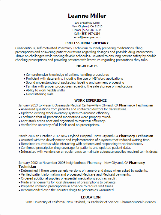 Resume for Pharmacy Tech