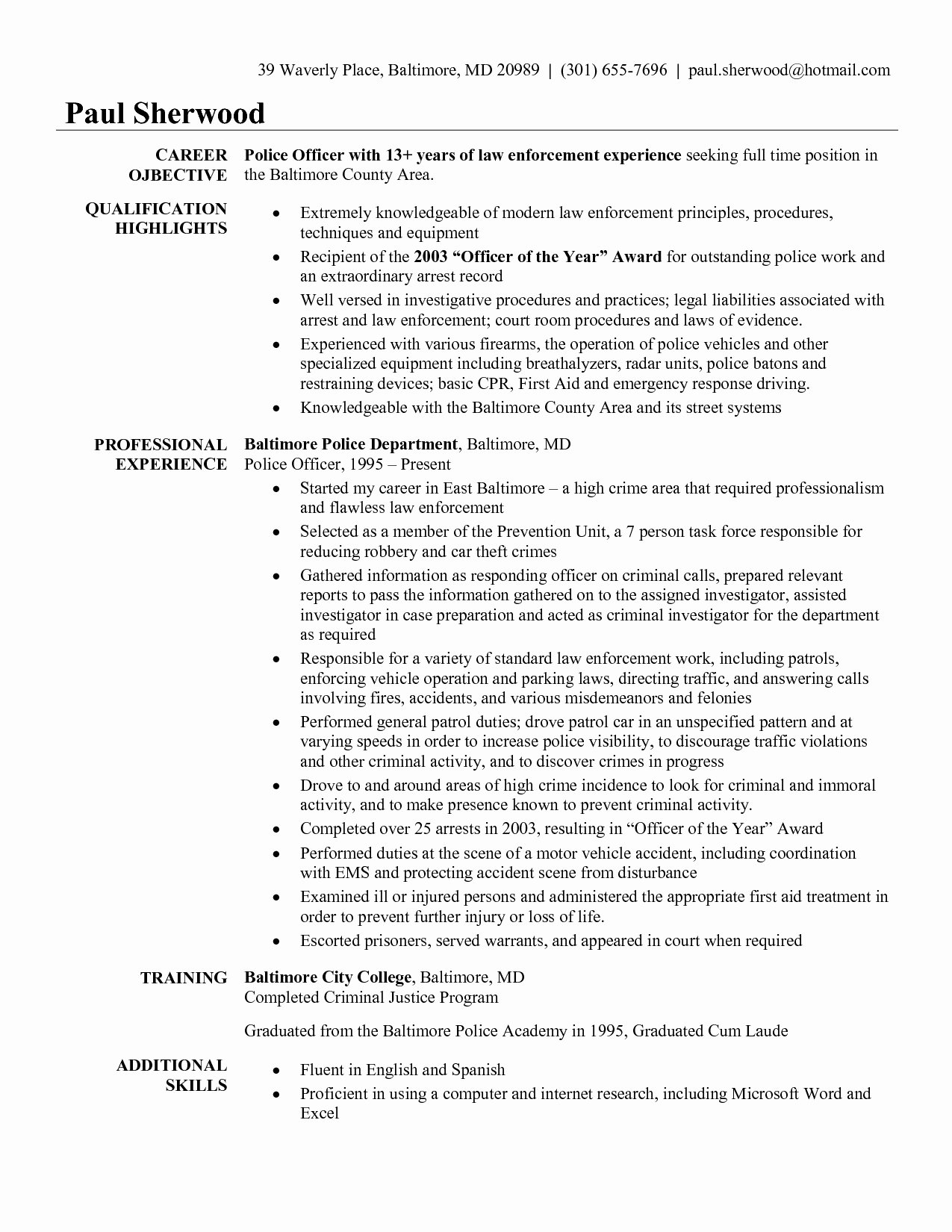 Resume for Police Ficer with No Experience Free