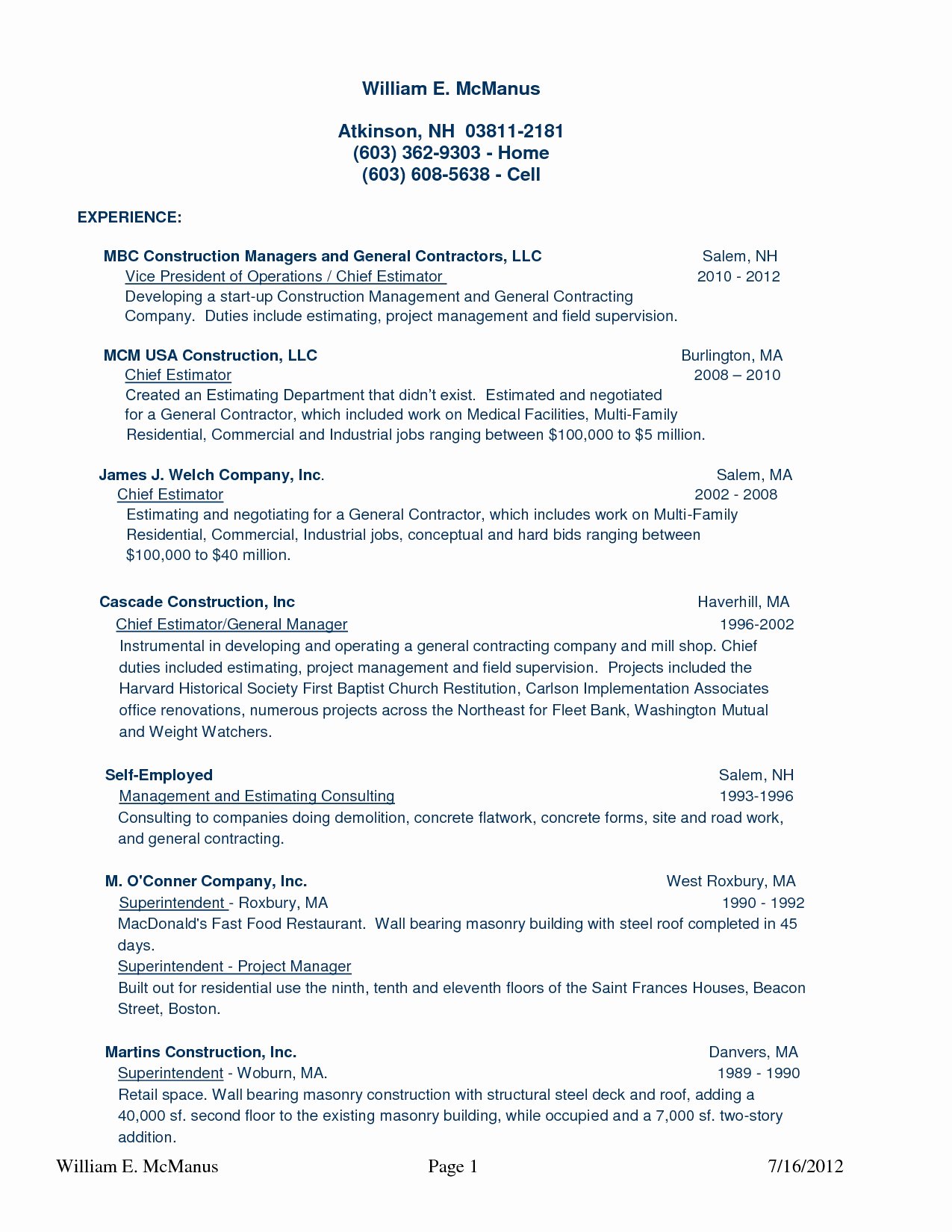 resume for self employed general contractor