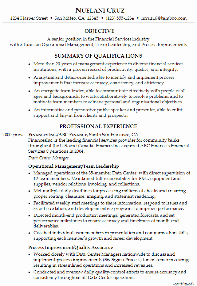 Resume for Senior Position In Financial Services Susan
