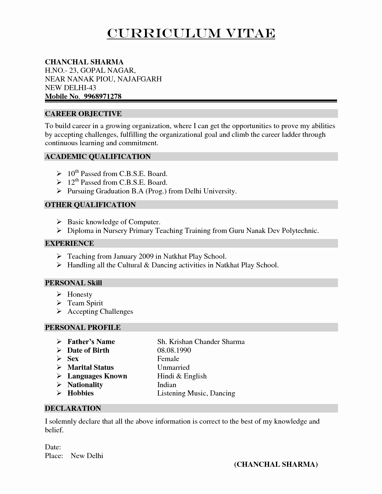 Resume for Teachers In Indian format Google Search