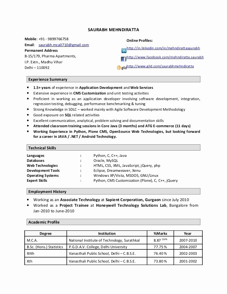 Resume format for 1 Year Experienced software Engineer