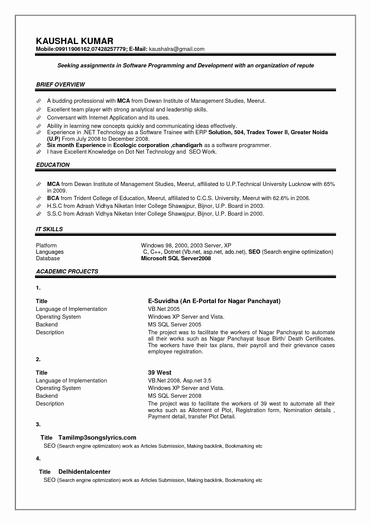 Resume format for Freshers M Over Cv and Resume Samples
