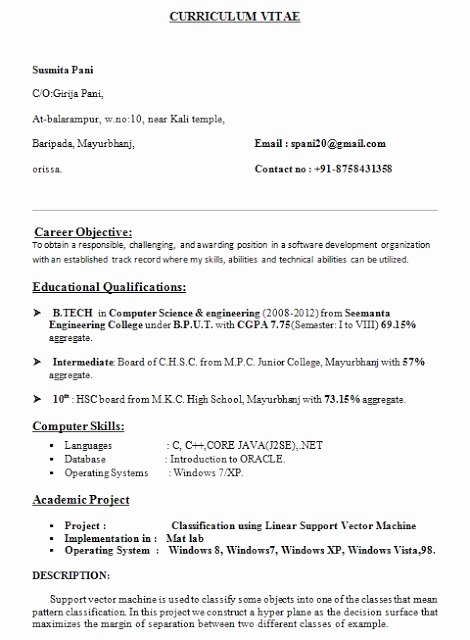 resume format for puter science engineering students