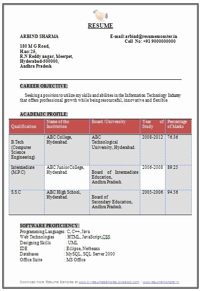 Resume format for Puter Science Engineering Students