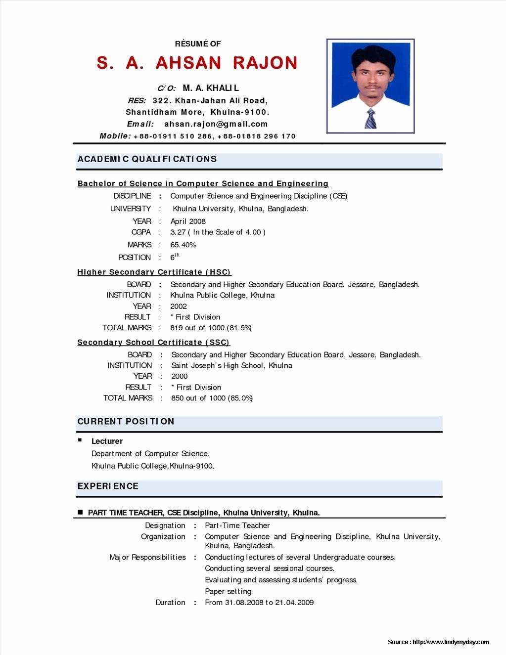 resume format for teaching job fresher