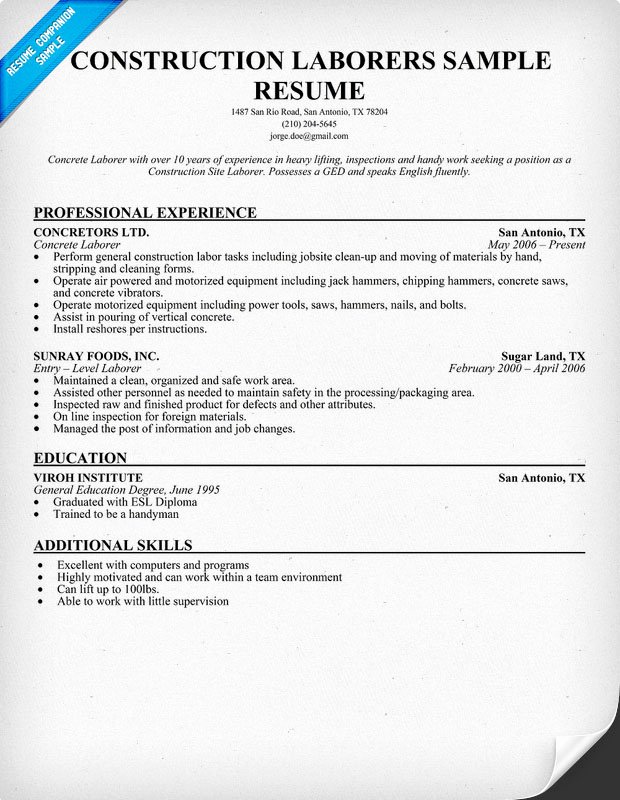 Resume format Resume Examples Construction