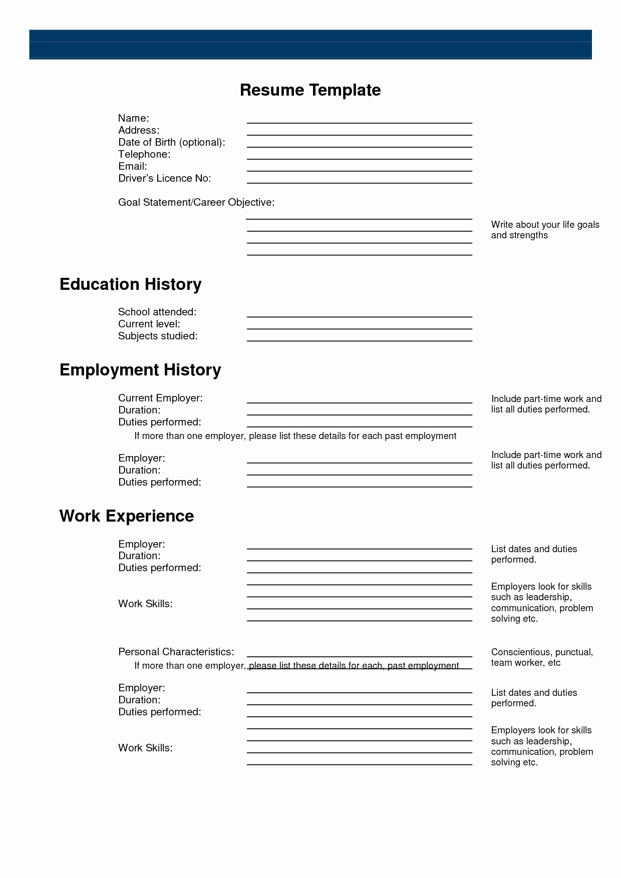 Resume forms Printable Blank Ms Word Fill In Line Free