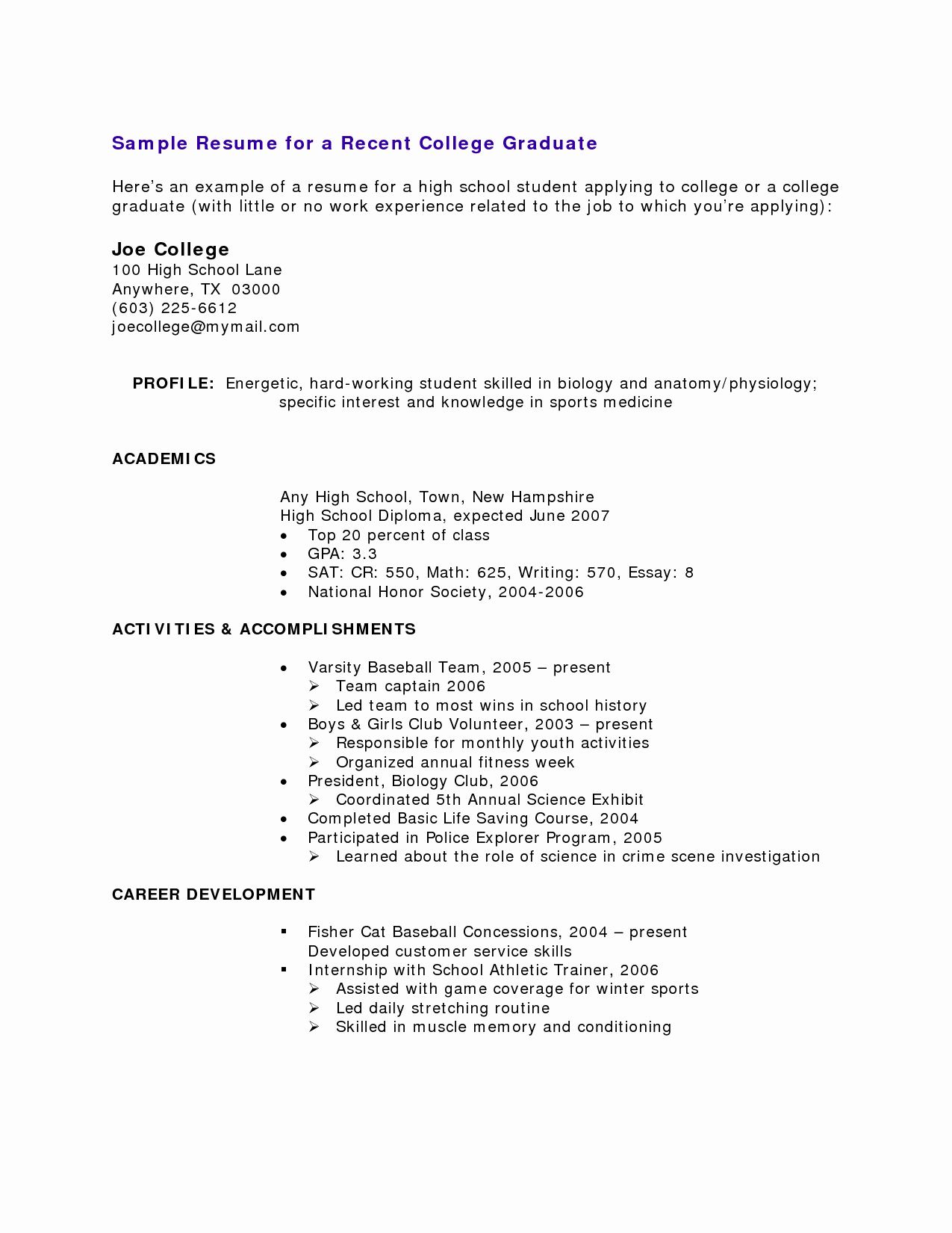 Resume High School Student No Experience C V Examples for