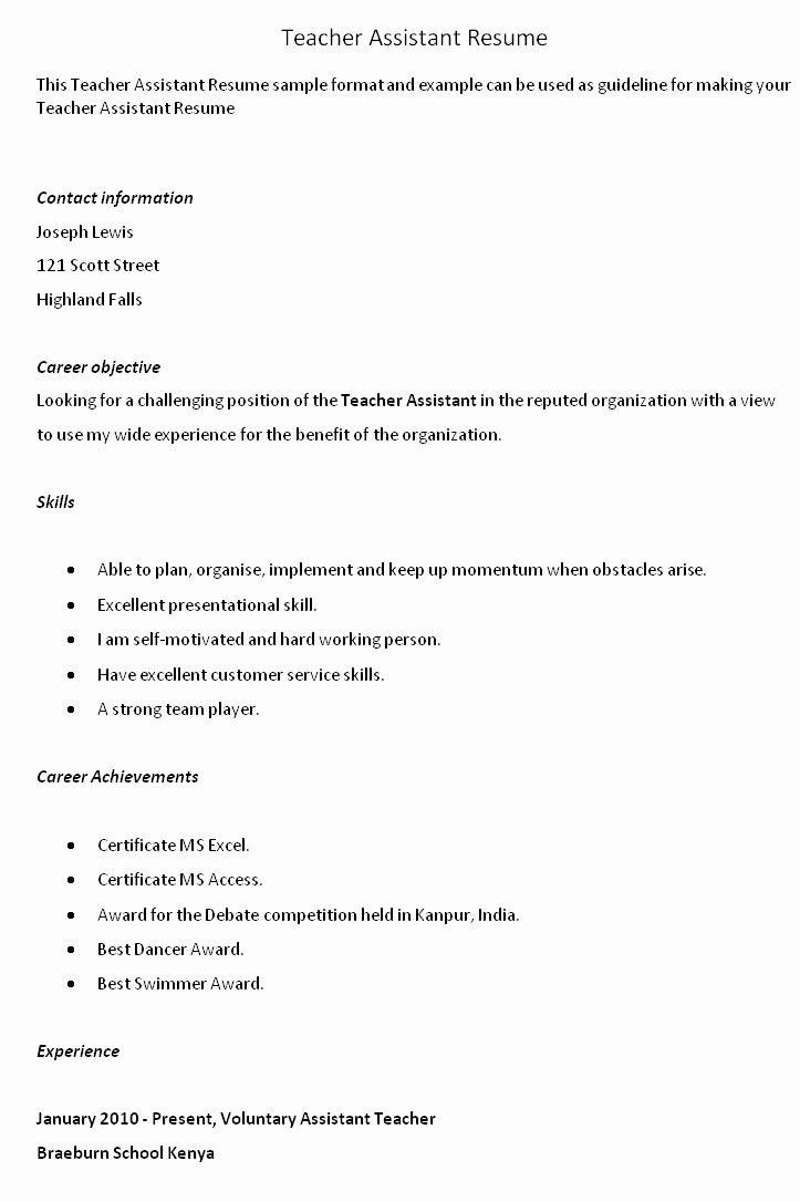 Resume Objective Examples for Teachers assistant south