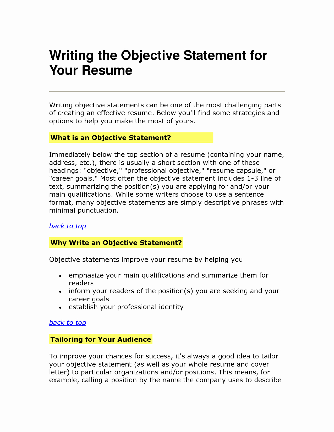 resume objective statement 2603