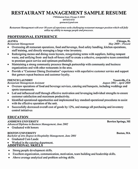 Resume Of Restaurant Manager