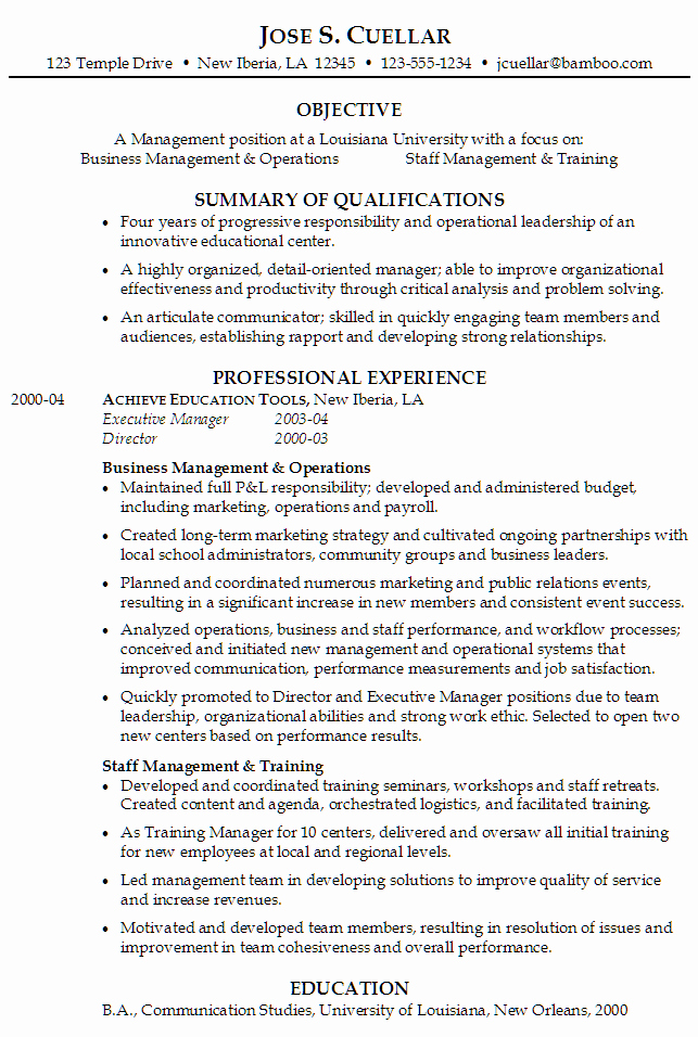 Resume Operations and Staff Management Position