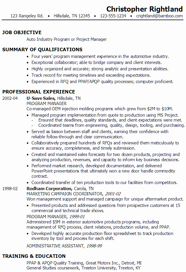 Resume Program Manager or Project Manager In Auto Industry