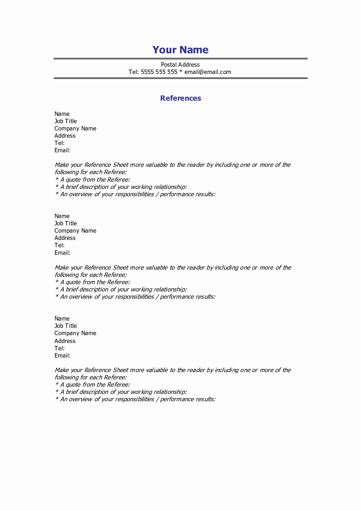 Resume Reference Page Template