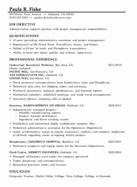 Resume Sample Administrative Support Project Management