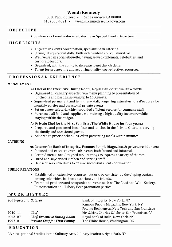 Resume Sample Coordinator Catering or Special events