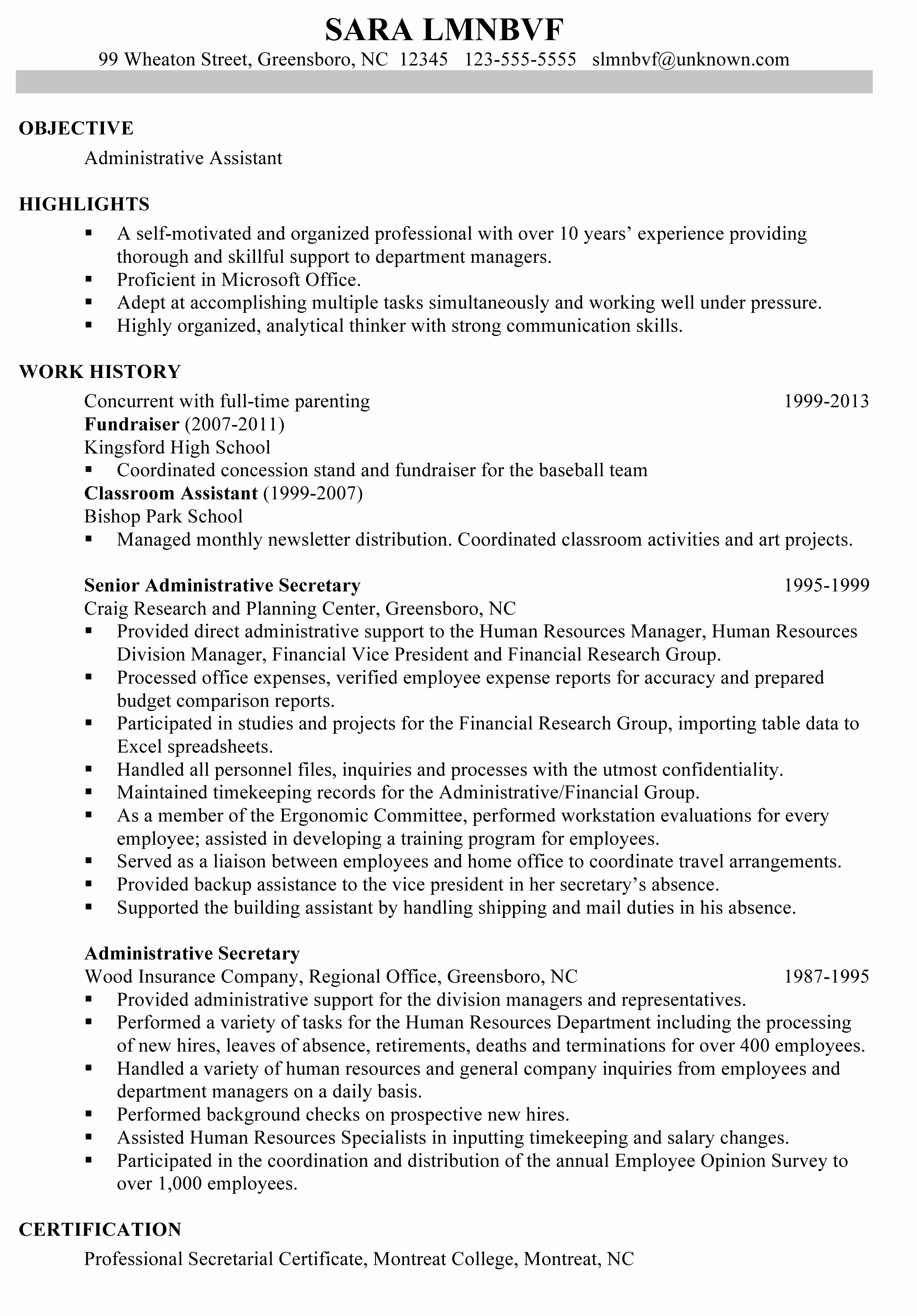 Resume Sample for An Administrative assistant Susan