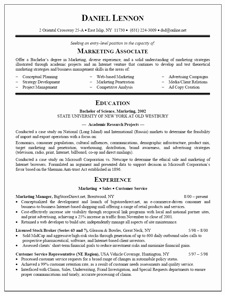 Resume Sample for Marketing associate New Graduate