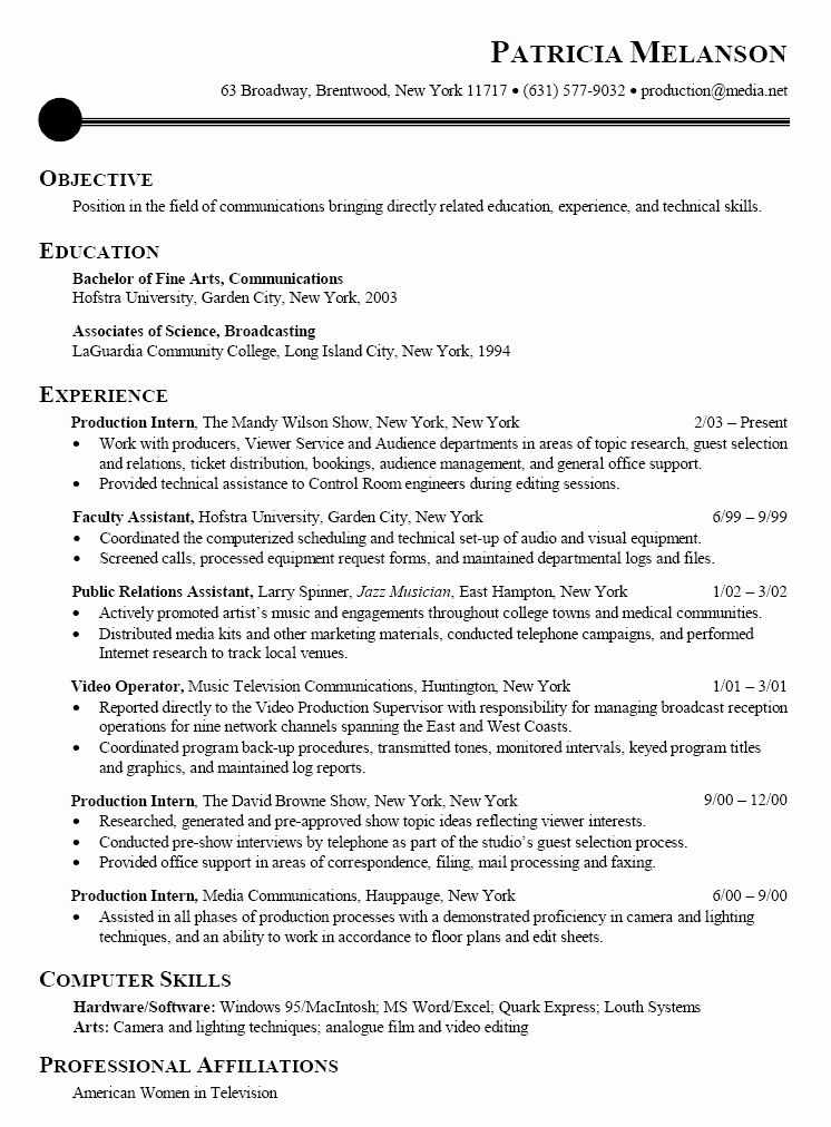 Resume Sample for Munications Broadcasting Media