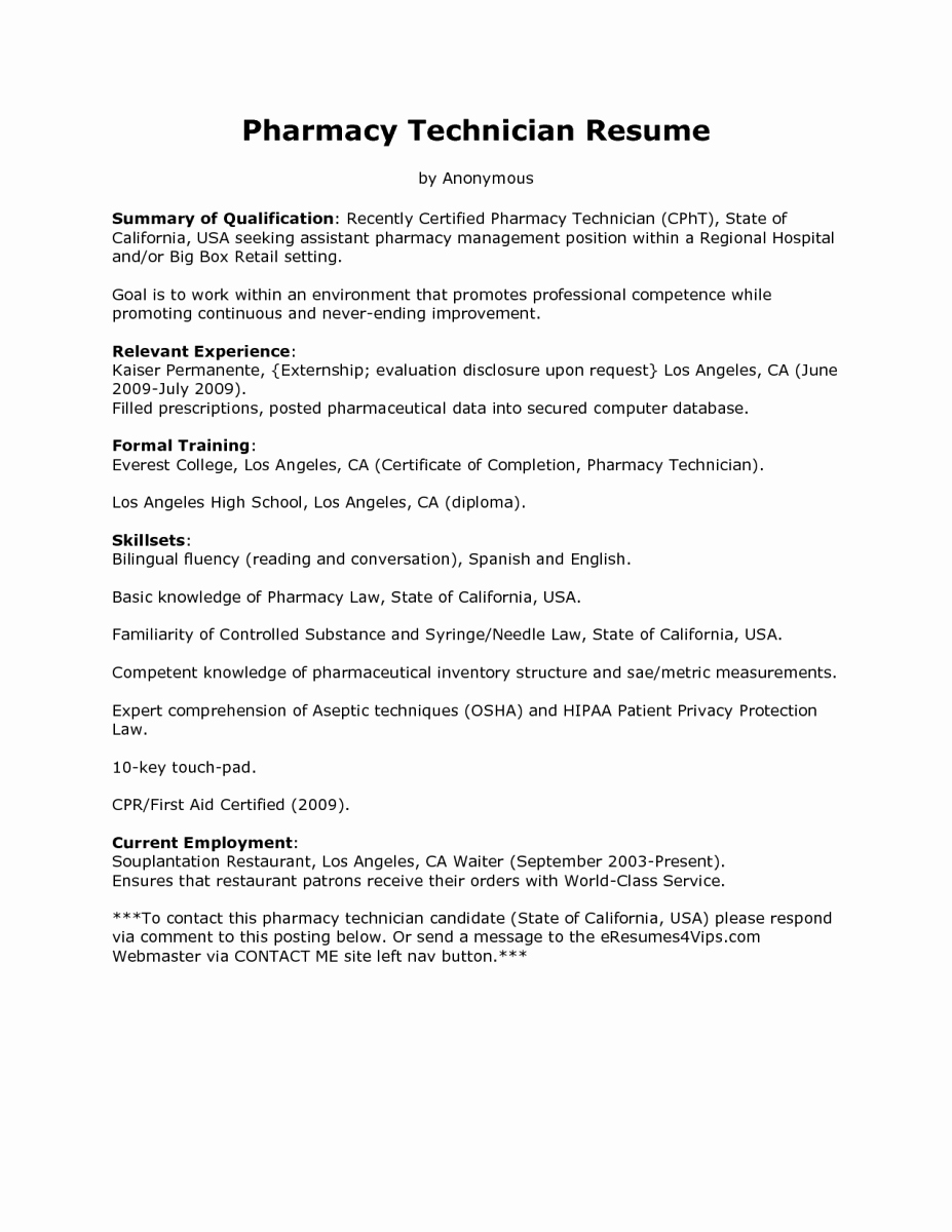 Resume Sample for Pharmacy Technician Resume Ideas