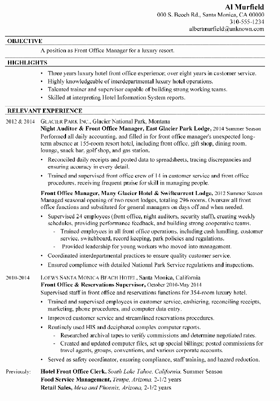 Resume Sample Front Fice Manager for A Luxury Resort
