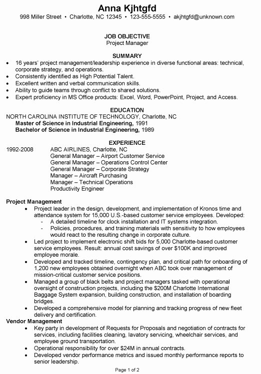 Resume Sample Project Manager for An Airline Susan