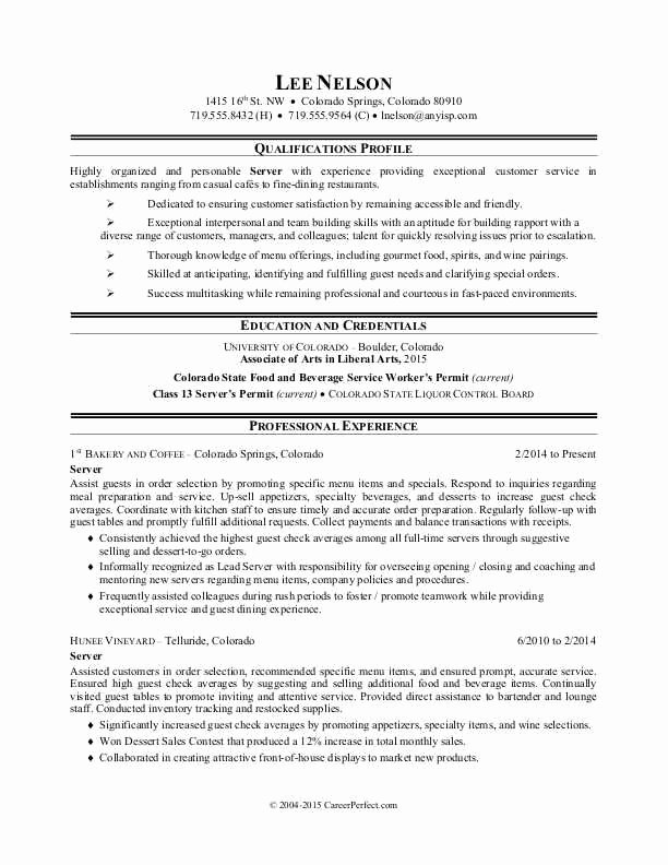 resume sample resume for a restaurant server