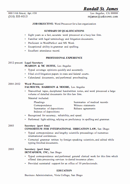 resume sample word processor for law firm