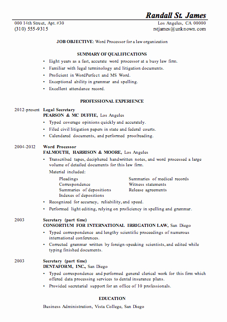 Resume Sample Word Processor for Law Firsm