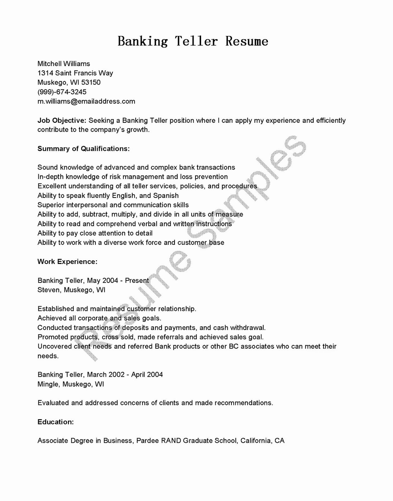 Resume Samples Banking Teller Resume Sample