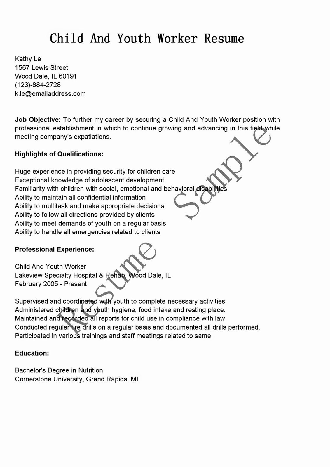 Resume Samples Child and Youth Worker Resume Sample