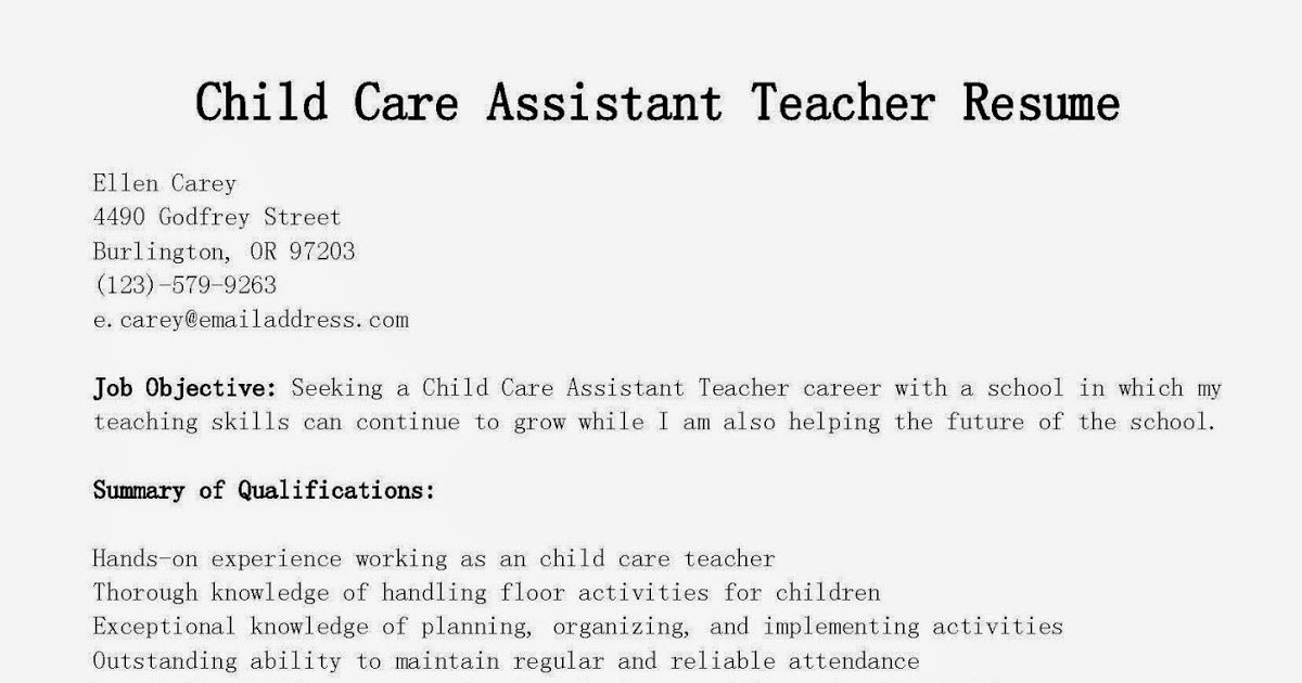 Resume Samples Child Care assistant Teacher Resume Sample