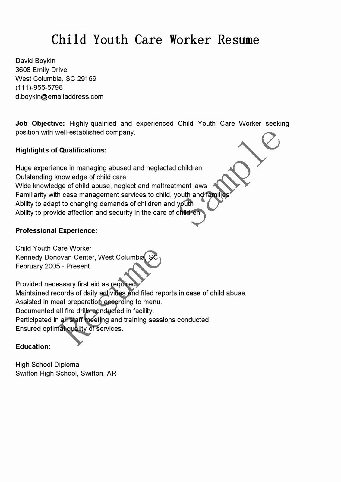 Resume Samples Child Youth Care Worker Resume Sample